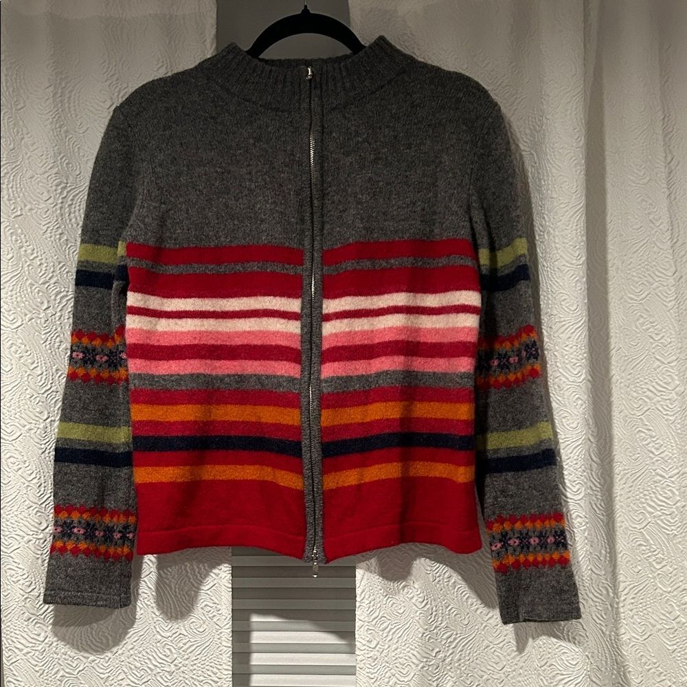 Express Y2K Vintage Lambswool Blend Striped Patterned Double Zip Cardigan XL